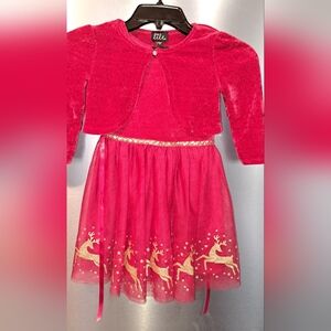 Lilt Girls Red Holiday Dress With Glitter Gold Reindeer Design Matching Jacket 5